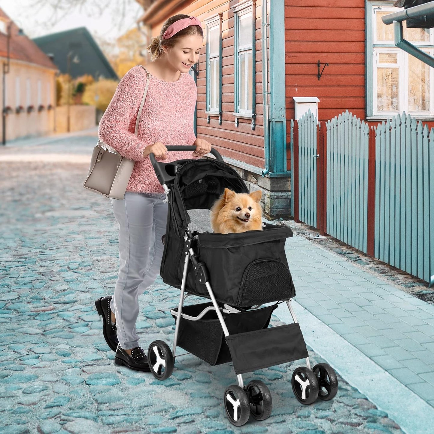 Nova Microdermabrasion Pet Stroller 4 Wheels Dog Cat Stroller for Small Medium Dogs Cats Foldable Puppy Stroller with Storage Basket and Cup Holder