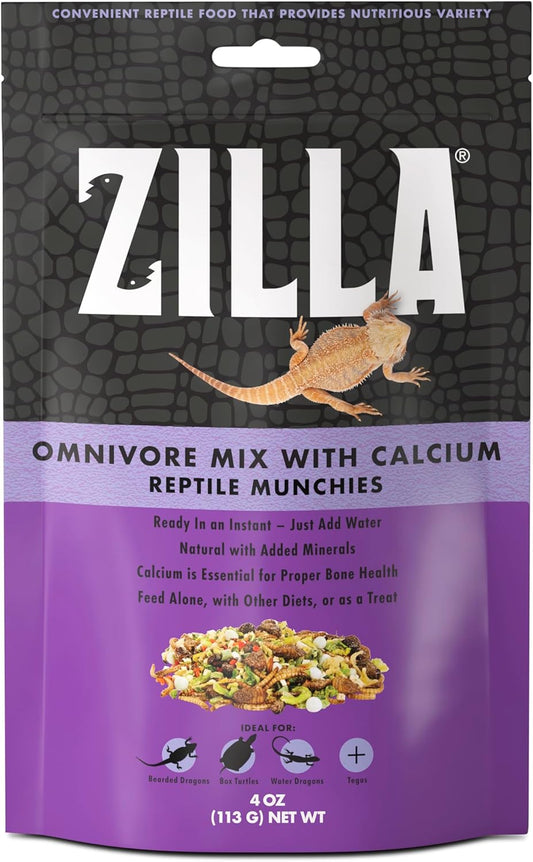 Zilla Reptile Munchies, Omnivore Mix with Calcium, Dehydrated and Sun Dried Vegetables and Insects, Natural with Added Calcium, Resealable Bag 4 oz.