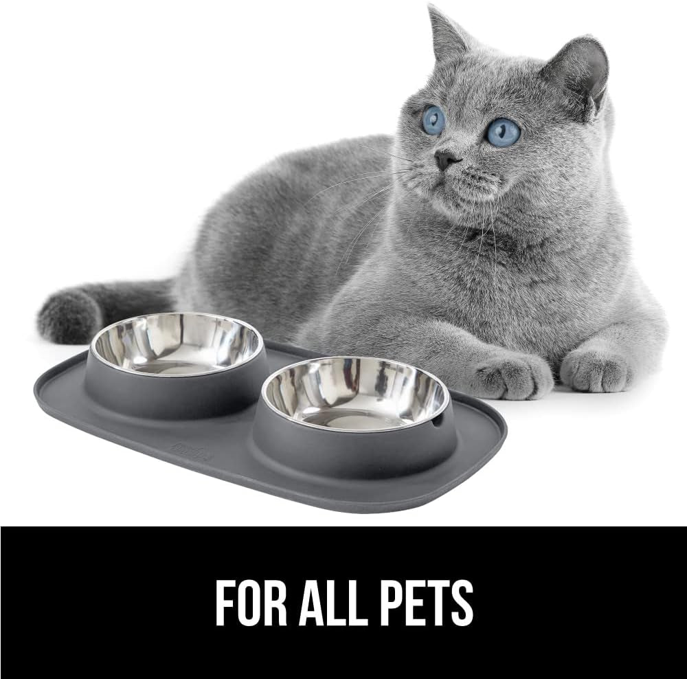 Gorilla Grip 100% Waterproof BPA Free Cat and Dog Bowls Silicone Feeding Mat Set, Stainless Steel Bowl Slip Resistant Raised Edges, Catch Water, Food Mess, No Spills, Pet Accessories, 3 Cup, Black