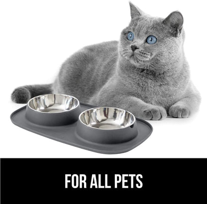 Gorilla Grip 100% Waterproof BPA Free Cat and Dog Bowls Silicone Feeding Mat Set, Stainless Steel Bowl Slip Resistant Raised Edges, Catch Water, Food Mess, No Spills, Pet Accessories, 1 Cup, Black