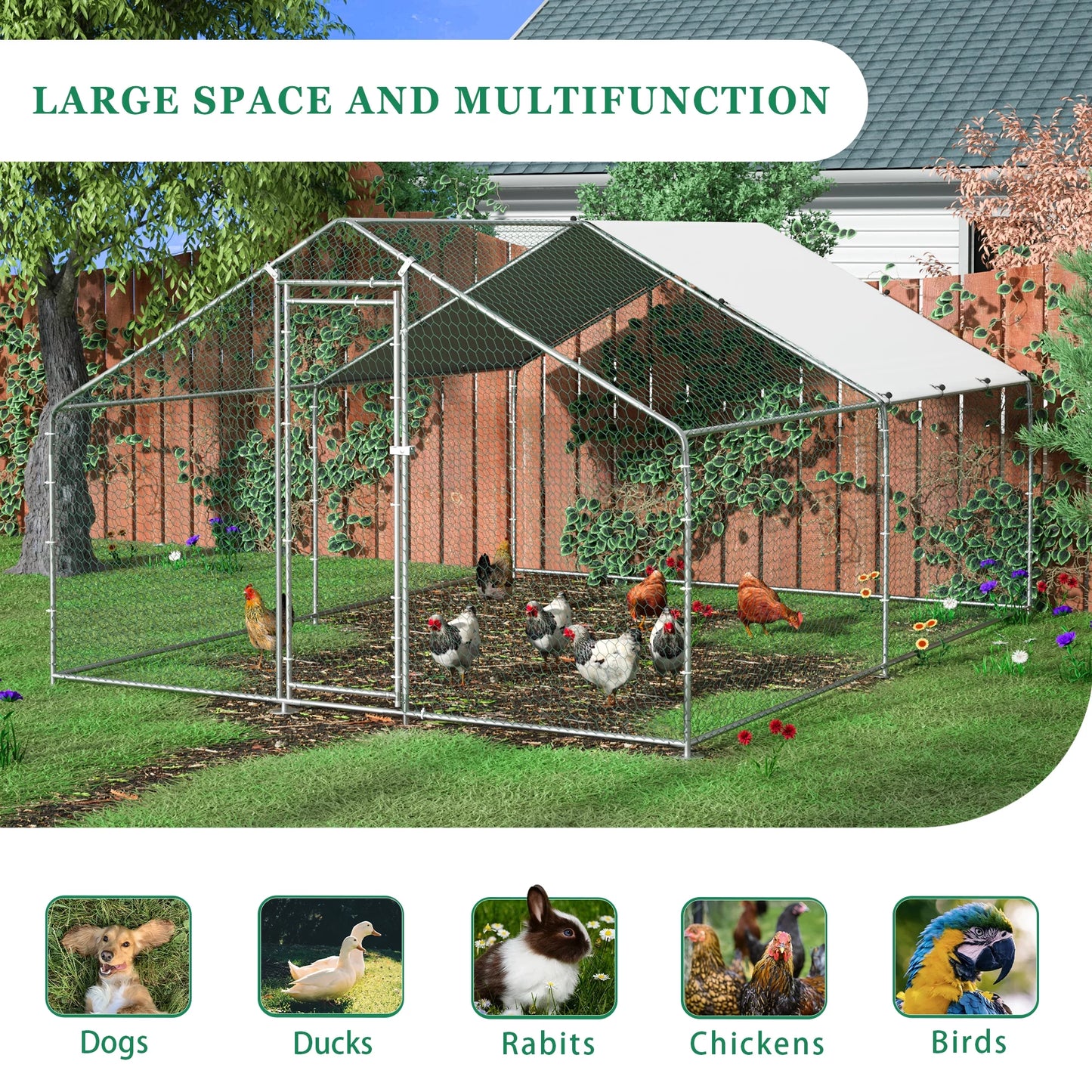 TOETOL Extra Large Metal Chicken Coop Walking Poultry Cage Hen Run House Rabbits Habitat Cage Spire Shaped Coops with Waterproof and Anti-Ultraviolet Cover for Backyard Farm