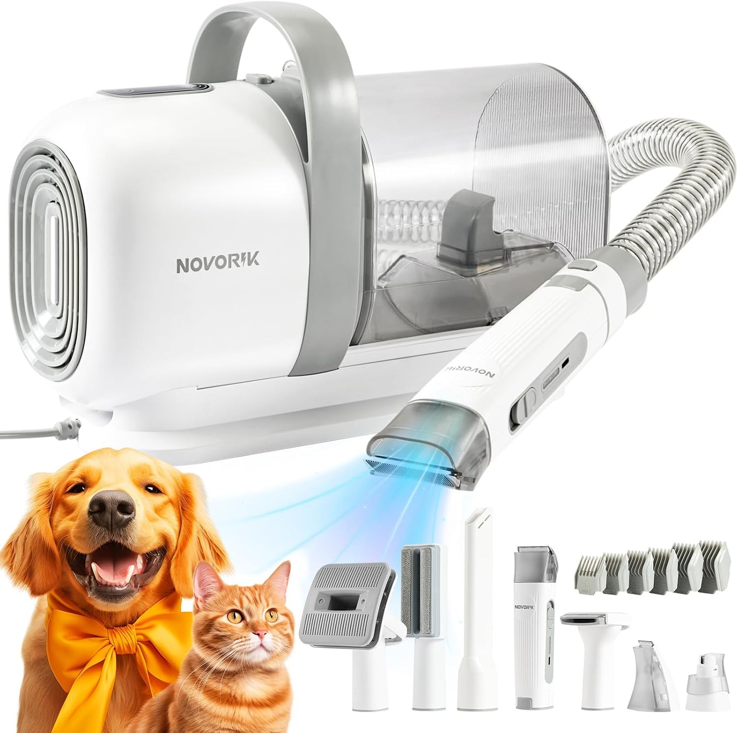 Dog Hair Vacuum with Clipper, Professional Pet Grooming Kit with 2L Dust Cap, Low Noise Animal Vacuum Kit with Grinder, Brush, Trimmer, Deshedding Tools