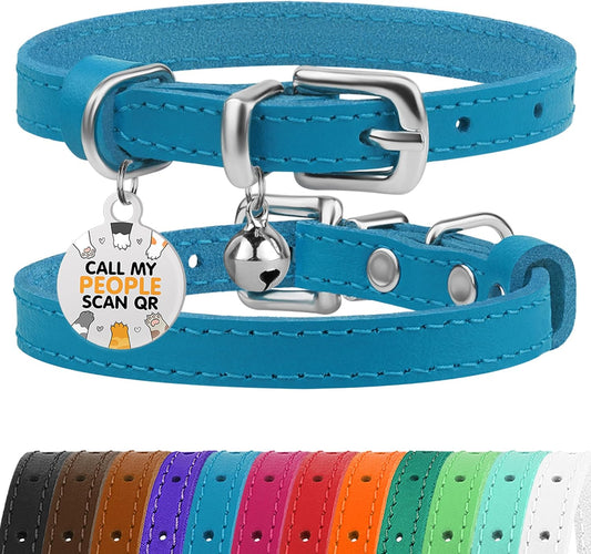 BRONZEDOG Leather Cat Collar with Bell Non Breakaway Kitten QR Tag for Girl Boy (7" - 9" for Cats, Blue & Silver)