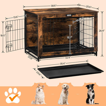 Dog Crate Furniture, 38.6" Large Dog Kennel Indoor, Wooden Dog Crate with Pull-Out Tray, Double Doors Dog House, Modern Side End Table for Small/Medium/Large Dog, Rustic Brown BF982GW03G1