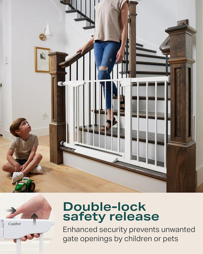 Cumbor 29.7-46" Baby Gate for Stairs, Mom'S Choice Awards Winner-Auto Close Dog Gate for the House, Easy Install Pressure Mounted Pet Gates for Doorways, Easy Walk Thru Wide Safety Gate for Dog, White