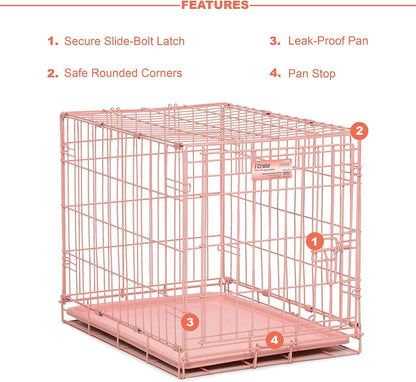 Midwest Homes for Pets Single Door Icrate 24" Pink Folding Metal Dog Crate W/ Divider Panel, Floor Protecting "Roller" Feet & Leak Proof Plastic Tray; 24L X 18W X 19H Inches, Small Dog Breed