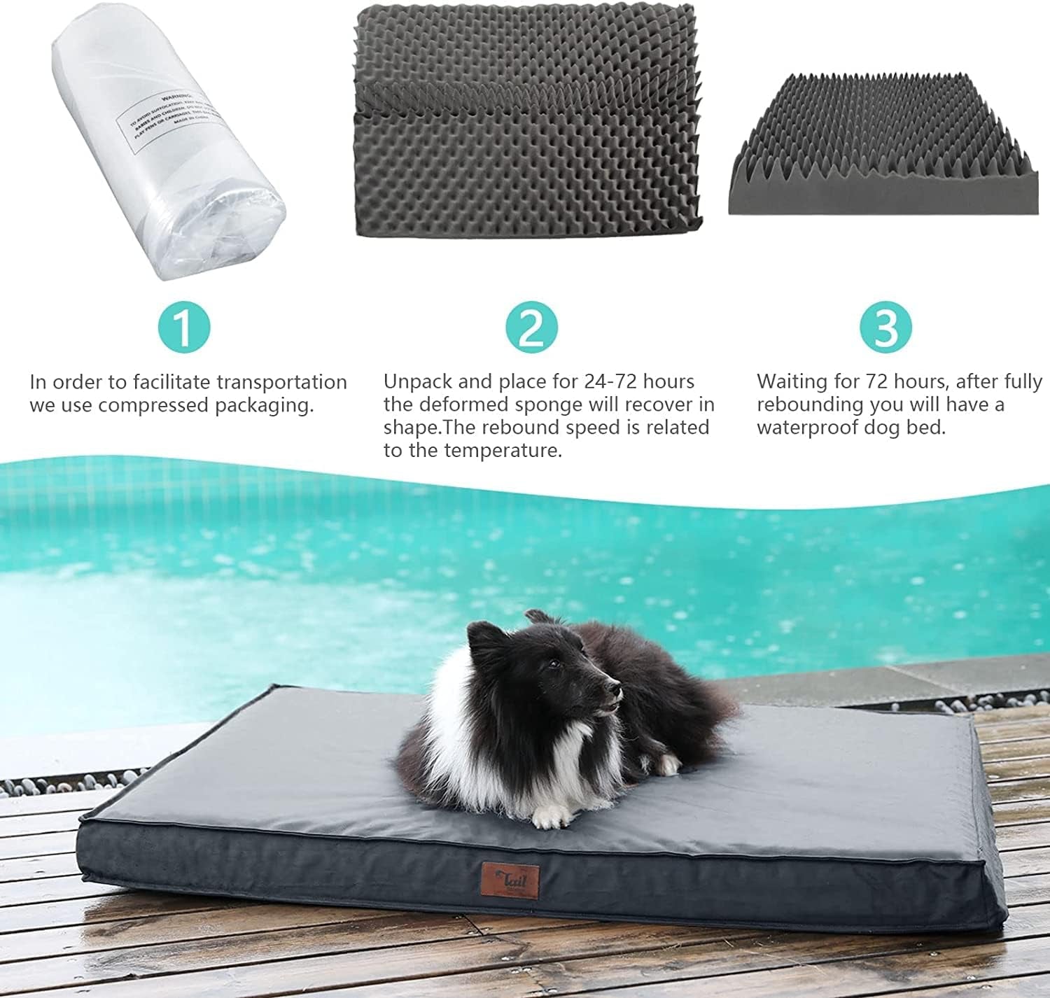 Large Outdoor Waterproof Dog Bed, All Weather Dog Bed for Large Dogs, Orthopedic Egg Foam Pet Bed with Washable and Removable Oxford Cooling Cover, Grey