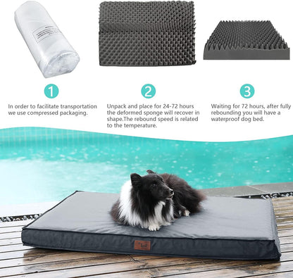 Outdoor All Weather Dog Bed, Waterproof Dog Bed for Medium Dogs, Orthopedic Egg Foam Pet Bed with Washable and Removable Oxford Cooling Cover, Grey