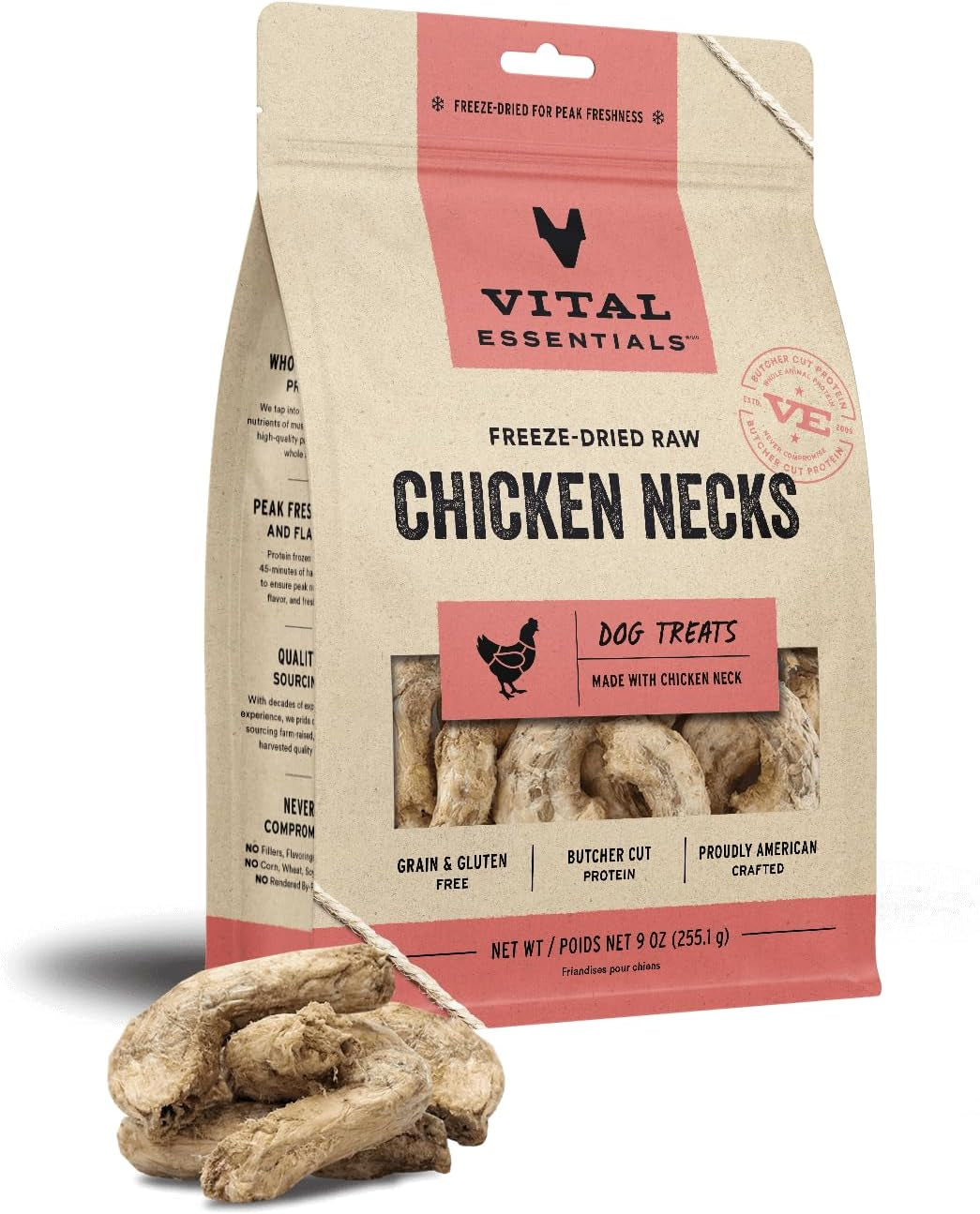 Vital Essentials Freeze Dried Raw Single Ingredient Dog Treats, Chicken Necks, 9 Oz