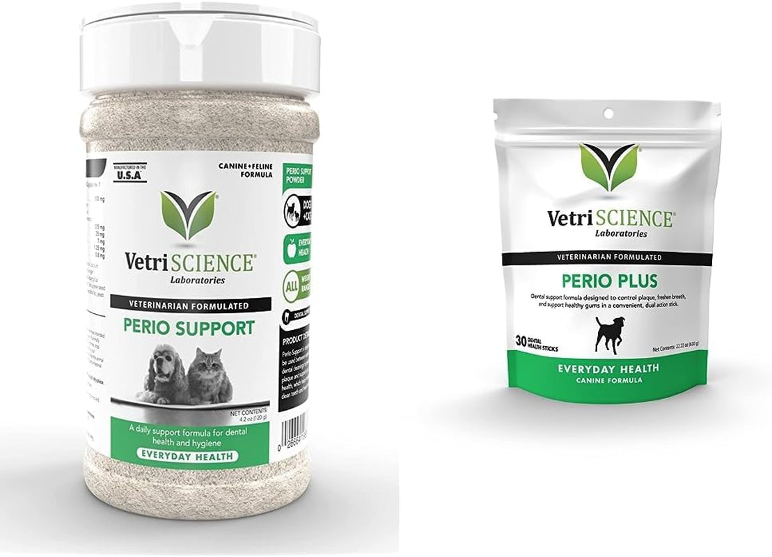 Vetriscience Perio Support Teeth Cleaning Dental Powder for Dogs and Cats, up to 192 Servings & Perio plus Dental Sticks for Dogs, 30 Sticks