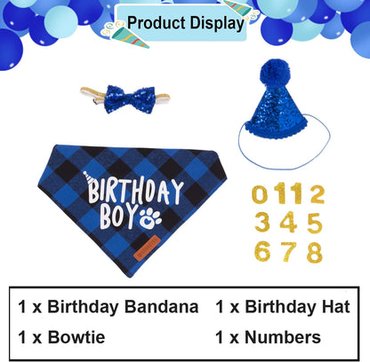 ADOGGYGO Cat Birthday Party Supplies, Birthday Boy Plaid Cat Bandana Cute Cat Bowtie, Cat Birthday Hat with Numbers, Pet Birthday Outfit for Cat Kitten (Blue)