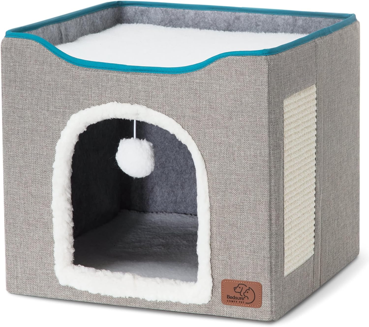 Bedsure Cat Beds for Indoor Cats - Large Cat Cave for Pet Cat House with Fluffy Ball Hanging and Scratch Pad, Foldable Cat Hideaway,16.5x16.5x13 inches, Grey