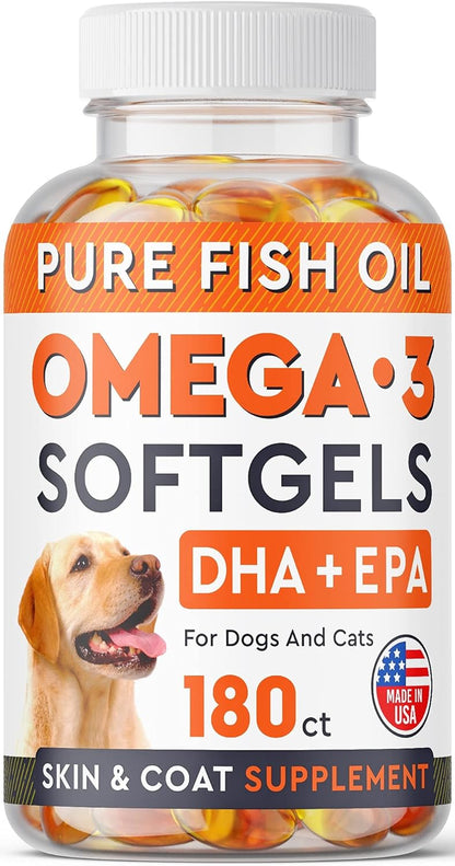 Strellalab Omega 3 Fish Oil Pills for Dogs (180 Ct) - No Fishy Smell Softgels - EPA + DHA Fatty Acids Reduce Shedding&Itching - Supports Joints, Brain, Heart&Overall Health - EPA&DHA Fatty Acids - USA