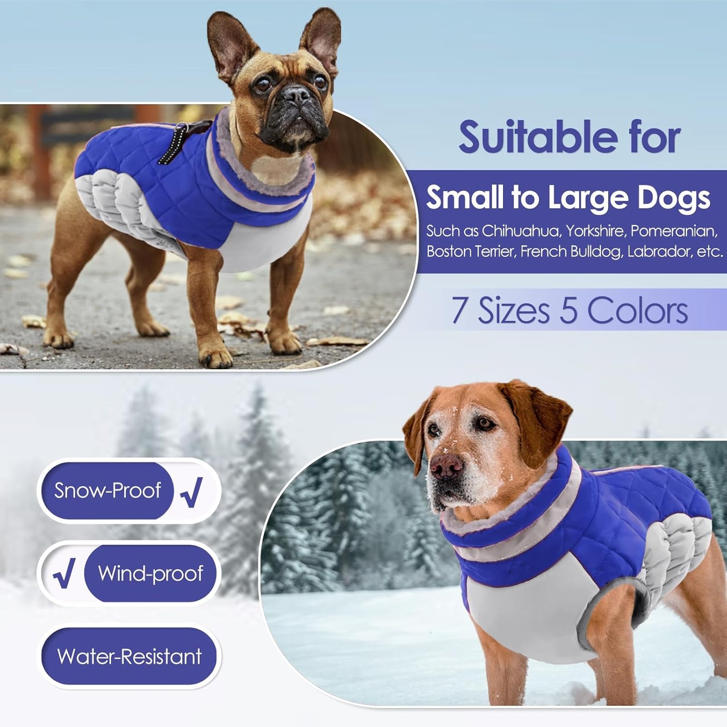 AOFITEE Dog Coat, Warm Dog Jacket Dog Winter Coats, Reflective Turtleneck Dog Fleece Vest with Harness Built in, Waterproof Windproof Dog Snow Jacket Snowsuit for Small Medium Large Dogs, Blue S