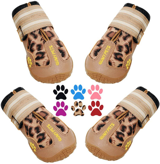 QUMY Dog Shoes for Large Dogs, Medium Dog Boots & Paw Protectors for Winter Snow Day, Summer Hot Pavement, Waterproof in Rain Weather, Outdoor Walking, Indoor Hardfloors anti Slip Sole Leopard Size 7