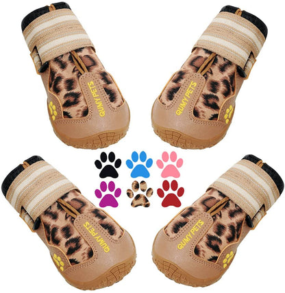 QUMY Dog Shoes for Large Dogs, Medium Dog Boots & Paw Protectors for Winter Snow Day, Summer Hot Pavement, Waterproof in Rain Weather, Outdoor Walking, Indoor Hardfloors anti Slip Sole Leopard Size 5