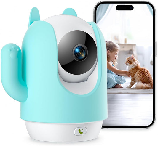 Pet Camera, 2K Indoor Security Camera, 360° Dog Camera with Phone App, Baby Monitor W/One-Touch Call, AI Motion Detection & Tracking, IR Night Vision, Cloud/Sd Card Storage, 2.4Ghz Wi-Fi, Blue