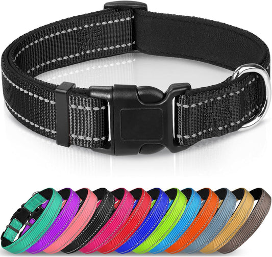 Joytale Reflective Dog Collar,Soft Neoprene Padded Breathable Nylon Pet Collar Adjustable for Large Dogs,Black,L