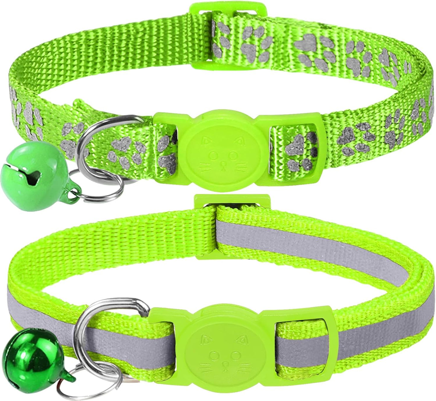 Taglory Reflective Cat Collar Breakaway with Bells, 2 Pack Girl Boy Pet Cat Collar Adjustable 7.5-12.5 Inch, Green