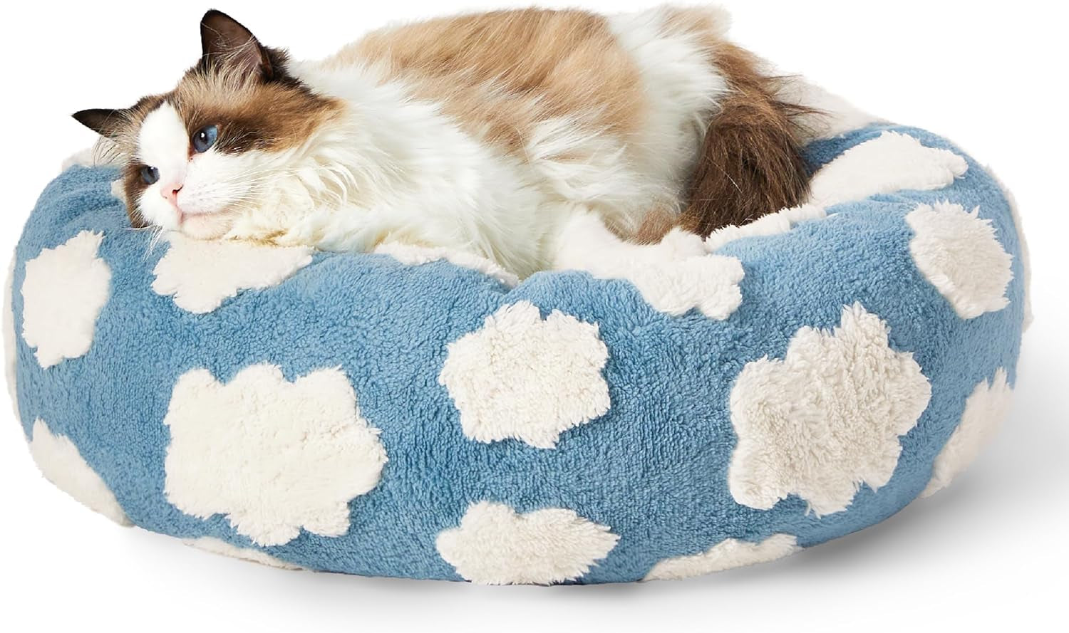 Lesure Cat Beds for Indoor Cats - round Cat Bed Donut Small Dog Bed Calming Pet Beds, Cute Modern Beds with Jacquard Shaggy Plush & anti Slip Bottom, 20 Inch, Blue