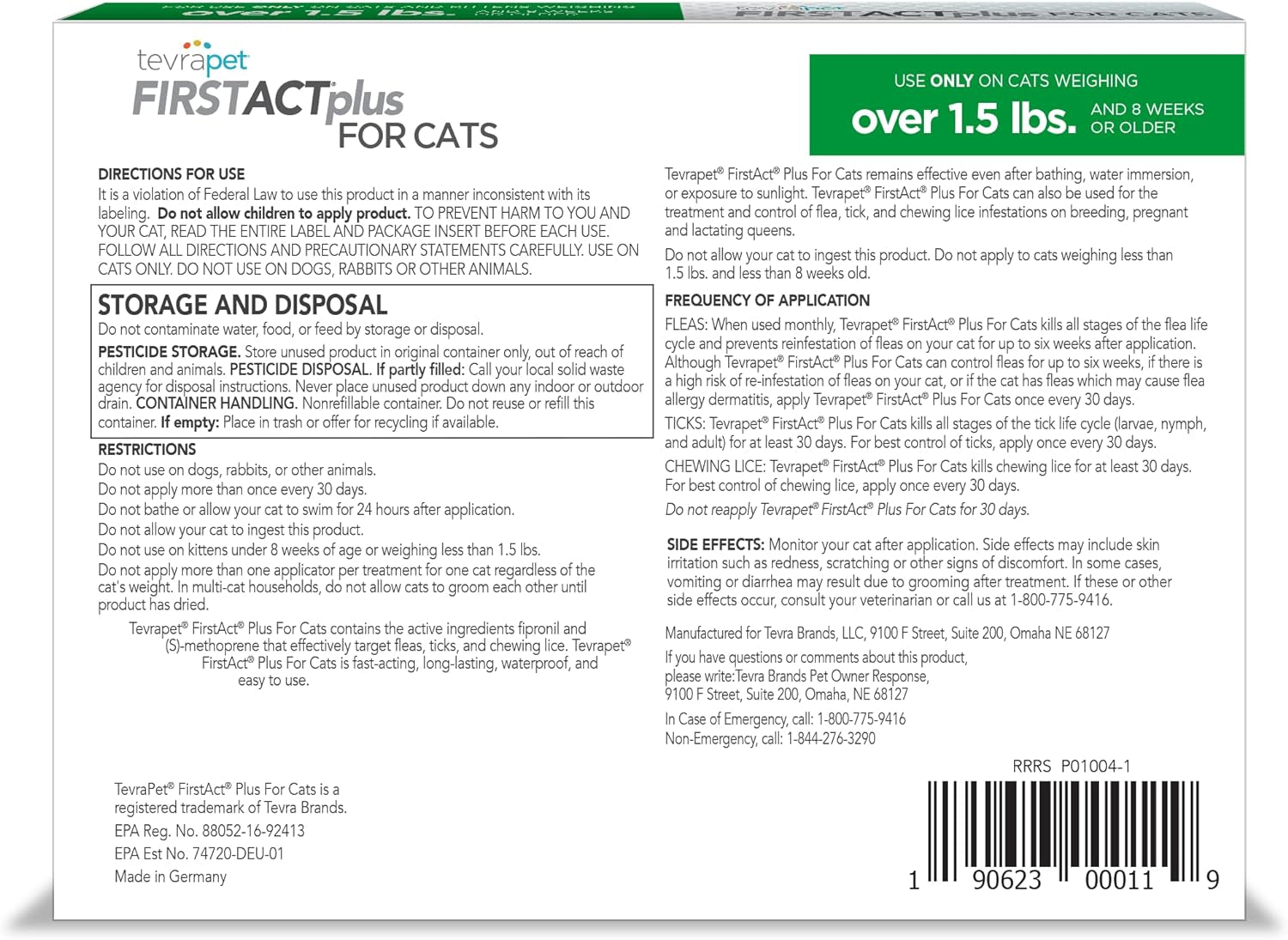 Tevrapet Firstact plus Flea and Tick Topical for Cats over 1.5Lbs, 3 Dose Waterproof Flea and Tick Control/Prevention for 3 Months