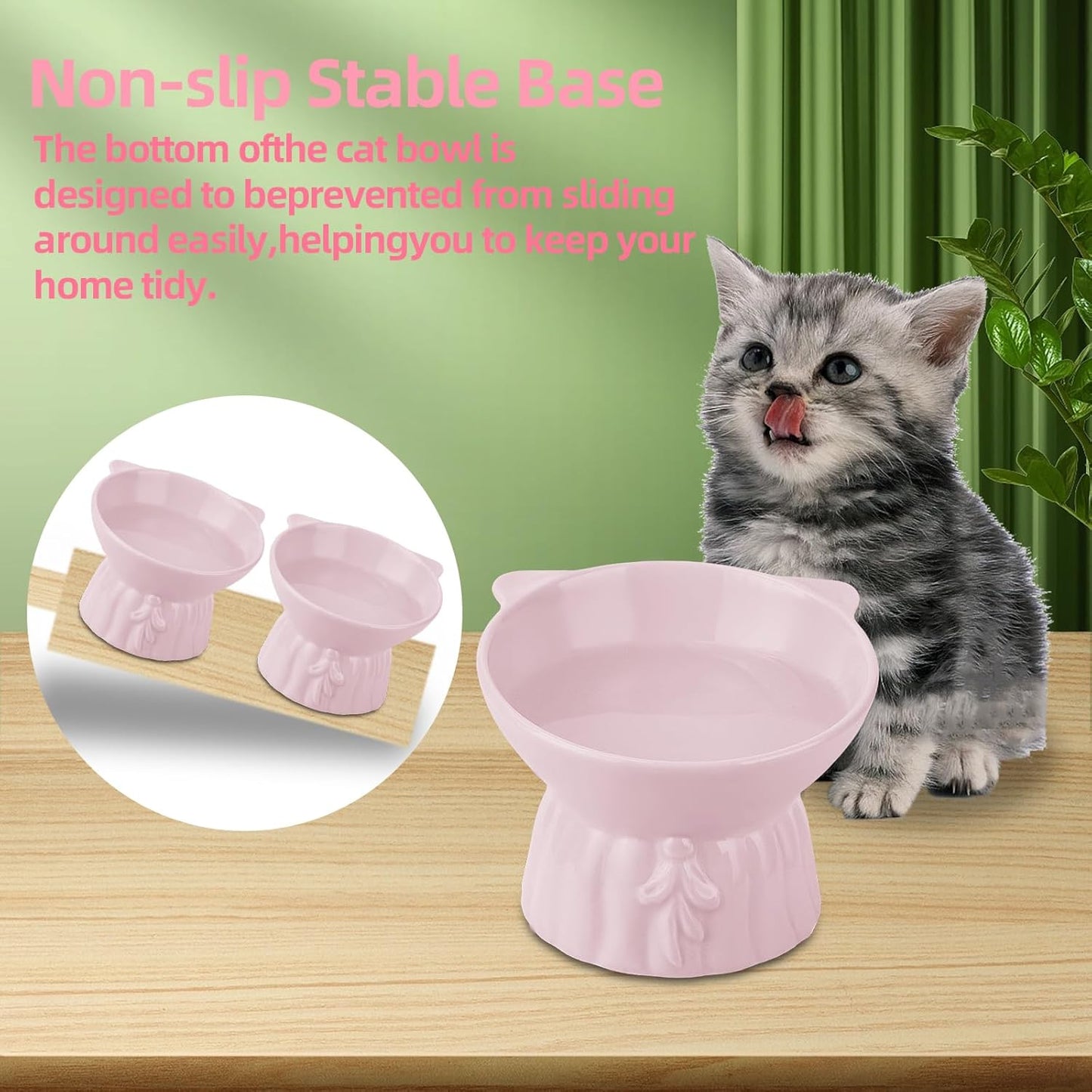 2Pcs Ceramic Elevated Cat Bowls, Extra Wide Raised Cat Bowls for Food and Water, Shallow Cat Food Dish Whisker Friendly, Anti Vomit Cat Bowl Microwave and Dishwasher Safe, Great Height for Cat (Pink)