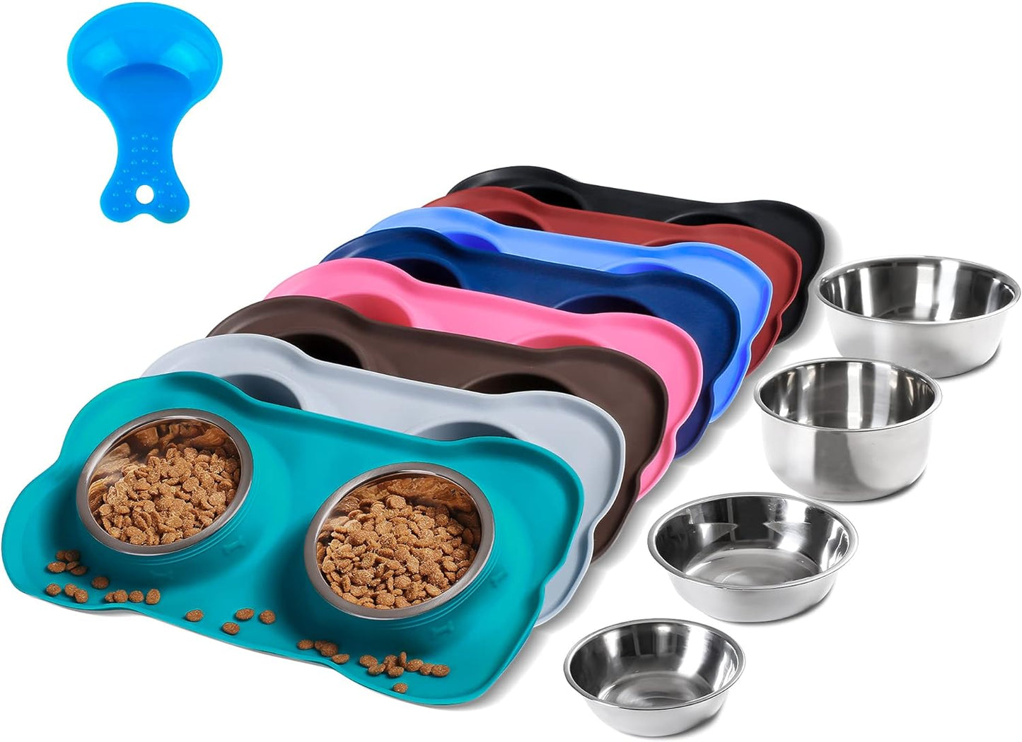 Hubulk Pet Dog Bowls 2 Stainless Steel Dog Bowl with No Spill Non-Skid Silicone Mat + Pet Food Scoop Water and Food Feeder Bowls for Feeding Small Medium Large Dogs Cats Puppies (Large, Green)