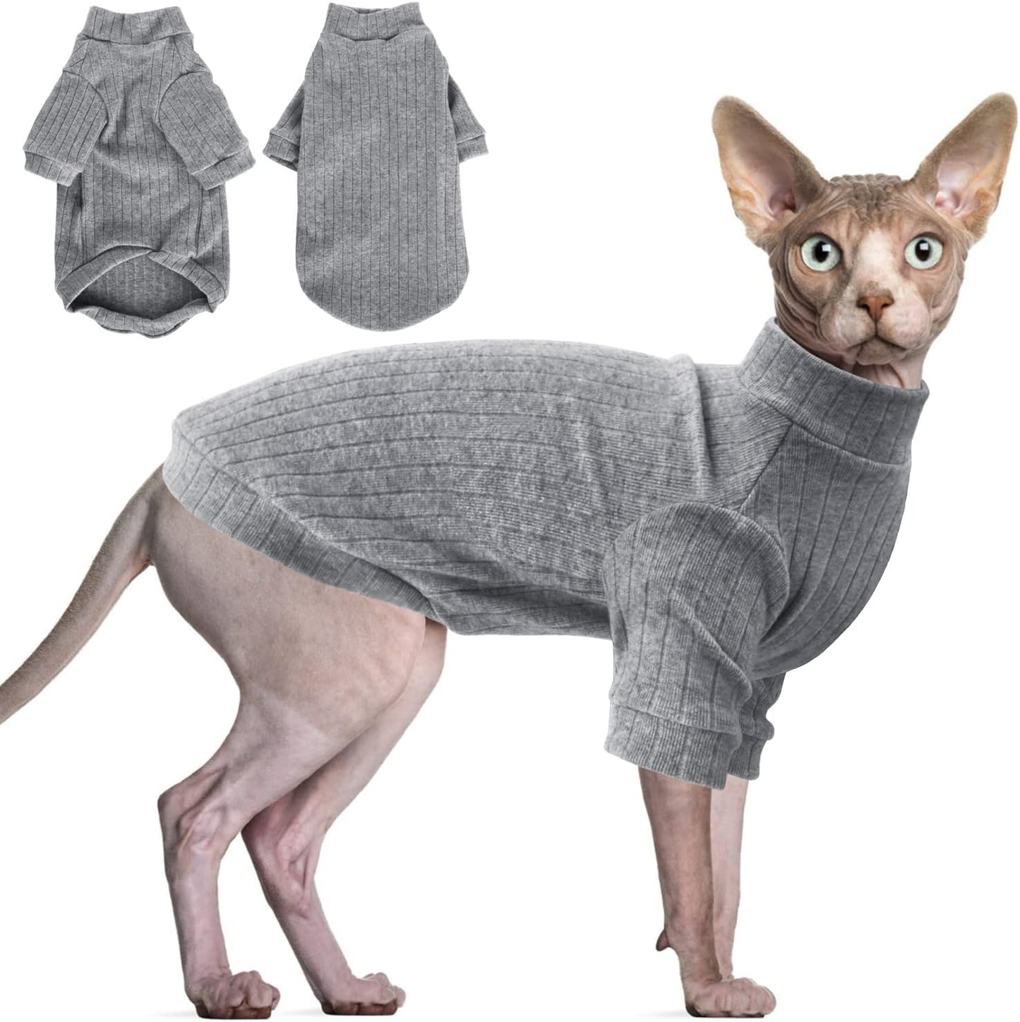 Idepet Sphynx Hairless Cats Sweater Shirt Kitten Soft Puppy Clothes Pullover Cute Cat Pajamas Jumpsuit Cotton Apparel Pet Winter Turtleneck for Cats and Teacup Chihuahua Small Dogs(Gray,Xs)