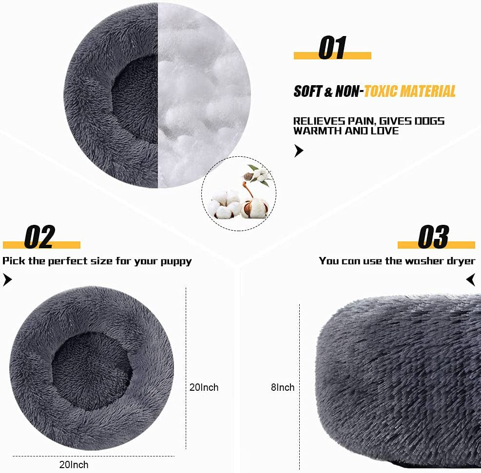 Dog Bed Calming Dog Beds for Small Medium Large Dogs - round Donut Washable Dog Bed, Anti-Slip Faux Fur Fluffy Donut Cuddler Anxiety Cat Bed(20"/27"/35") (Medium, Black)