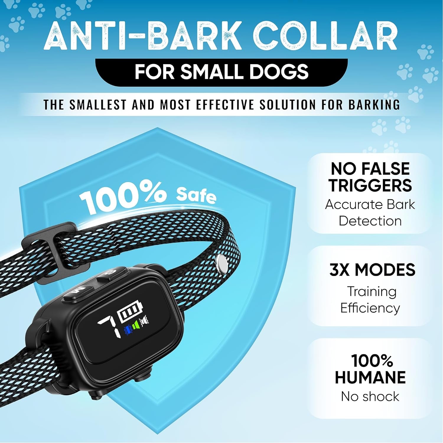 Tiny Bark Collar for Small Dogs 5-15 Lbs and Puppies - No Shock anti Barking Collar - Rechargeable Smart Collar for Dog Training with 7 Sensitivity Levels and 3 Beep&Vibration Modes