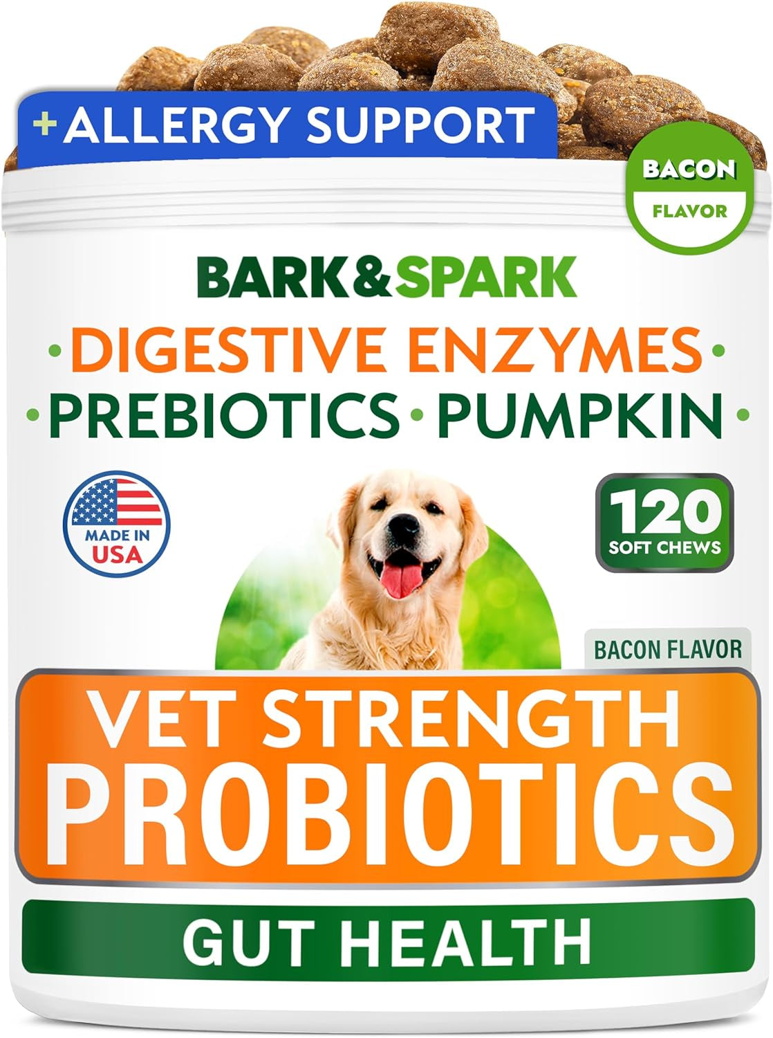 Bark&Spark Vet Strength Dog Probiotics Chews & Digestive Enzymes for Allergies Itchy Skin - Dogs Digestive Health - Gas, Diarrhea, Constipation Relief Pills - Prebiotics for Dogs Gut Health (120 Ct)