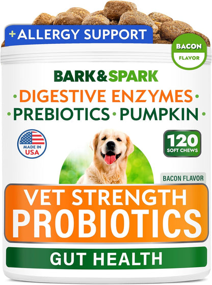 Bark&Spark Vet Strength Dog Probiotics Chews & Digestive Enzymes for Allergies Itchy Skin - Dogs Digestive Health - Gas, Diarrhea, Constipation Relief Pills - Prebiotics for Dogs Gut Health (120 Ct)