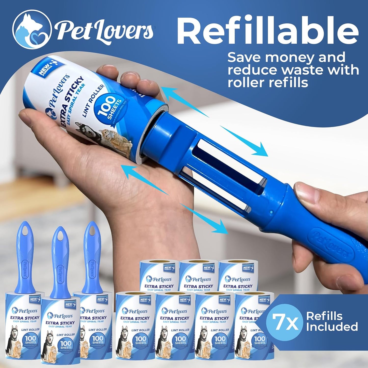 PetLovers Extra Sticky Lint Roller Bulk Value Set 3 Rollers 7 Refills 1,000 Sheets for Pet Hair Removal, Dog and Cat Lint Remover