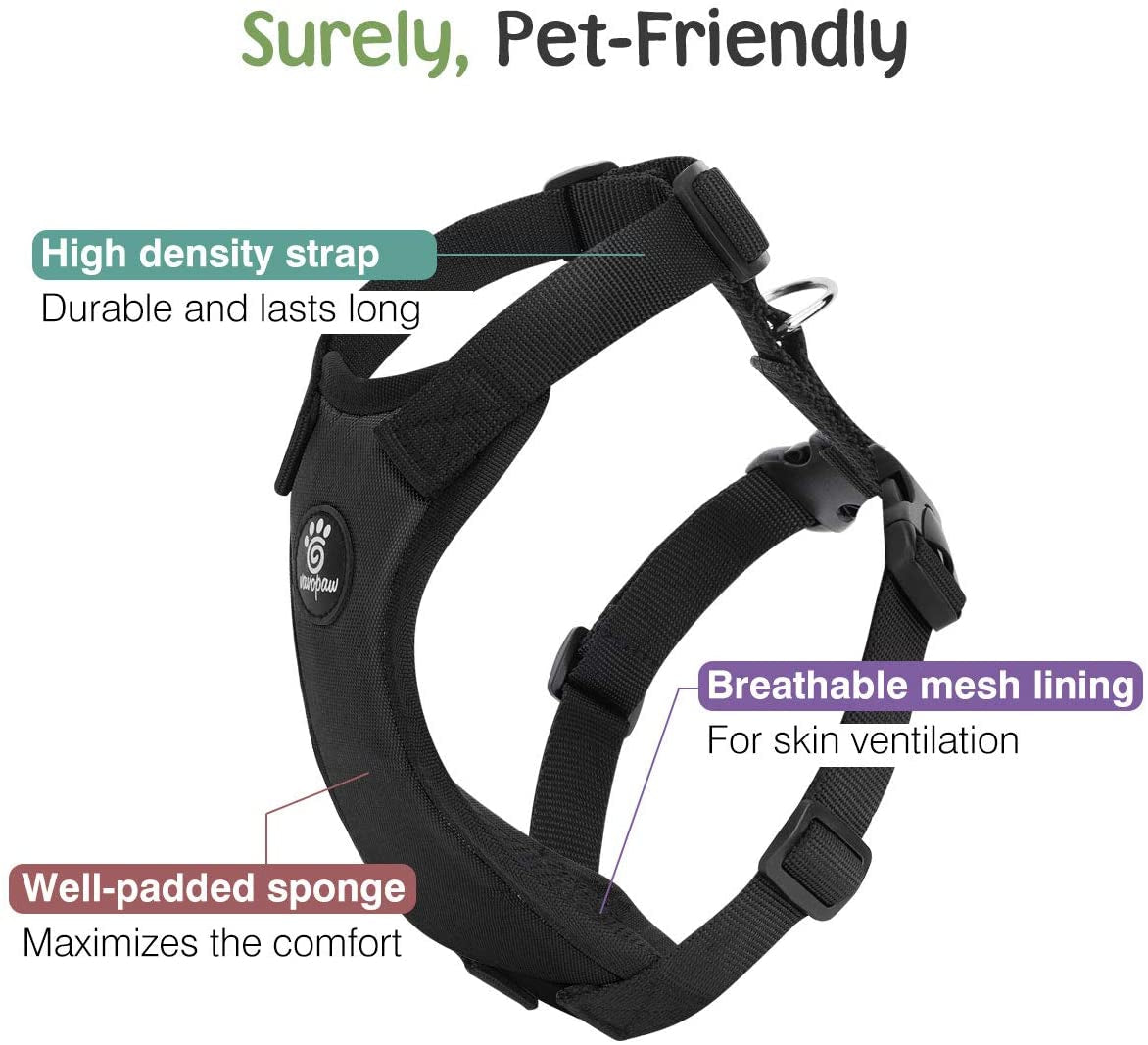 Dog Vehicle Safety Vest Harness, Adjustable Soft Padded Mesh Car Seat Belt Leash Harness with Travel Strap and Carabiner for Most Cars, Size Large, Black