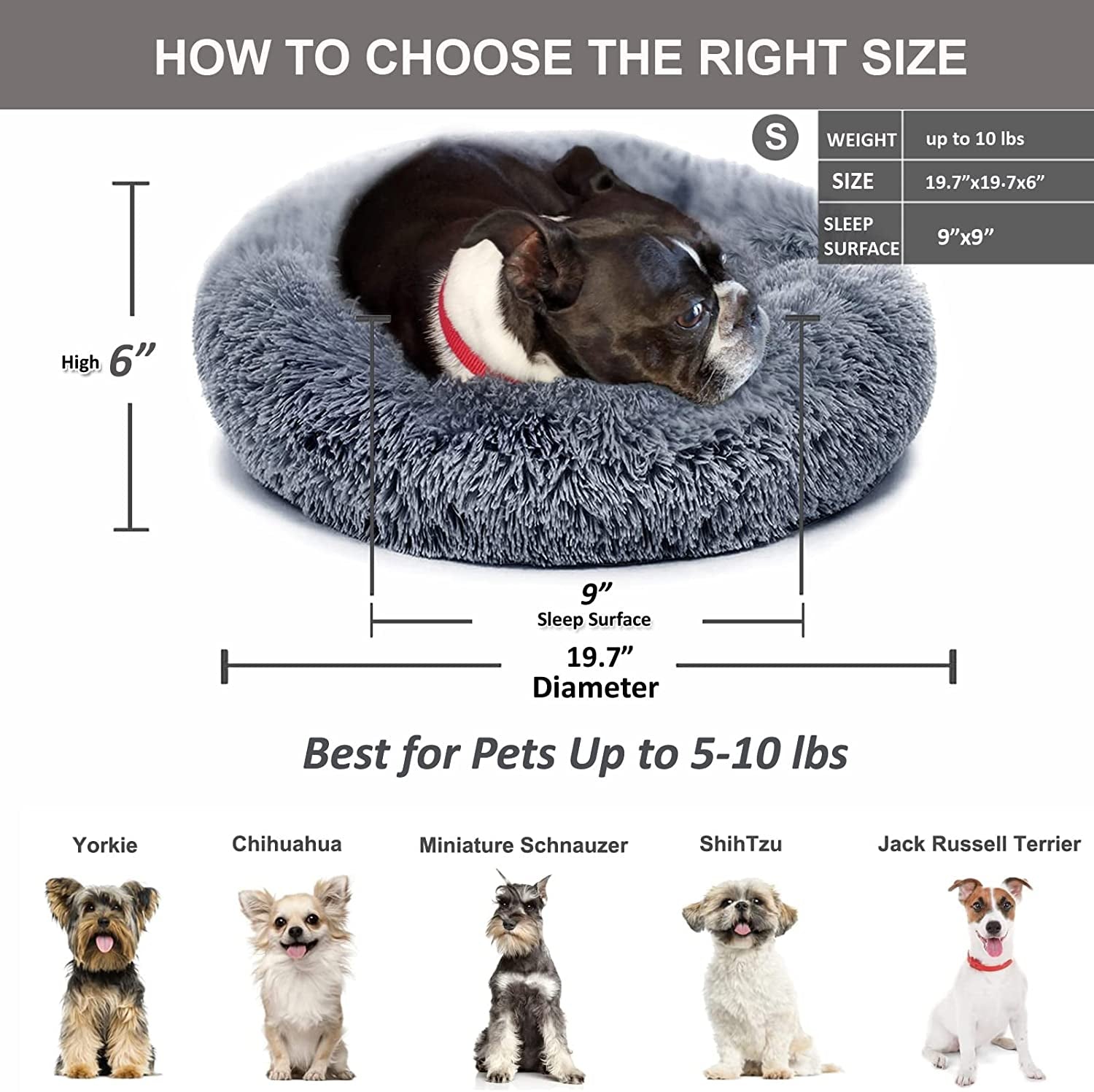 Nononfish Dog Bed for Small Dogs，Gray Cute Plush Dog Bed ，19 Inches anti Anxiety Puppy Bed Washable，Machine Washable Fits up to 15 Lbs Pets Beds for Small Dog.