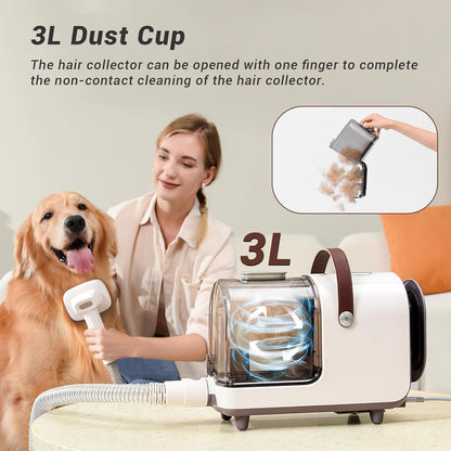 Bunfly Dog Grooming Kit,3L Large Capacity Dust Cup,13000Pa Strong Grooming & Vacuum Suction 99.99% Pet Hair, 15 Pet Grooming Tools for Dogs and Cats, Quiet Pet Vacuum Groomer, Brown