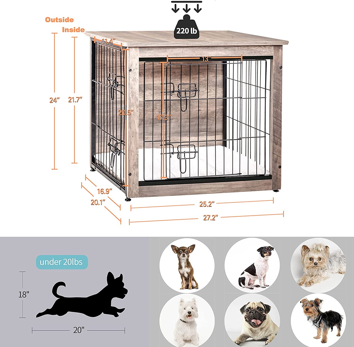 DWANTON Dog Crate Furniture with Cushion, Wooden Dog Crate with Double Doors, Dog Furniture, Dog Kennel Indoor for Small/Medium/Large Dog，End Table, Small, 27.2" L, Warm Brown