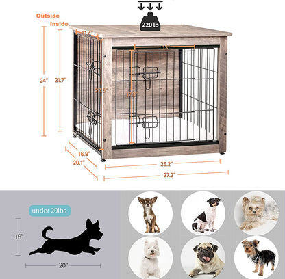 DWANTON Dog Crate Furniture with Cushion, Wooden Dog Crate with Double Doors, Dog Furniture, Dog Kennel Indoor for Small/Medium/Large Dog，End Table, Small, 27.2" L, Warm Brown