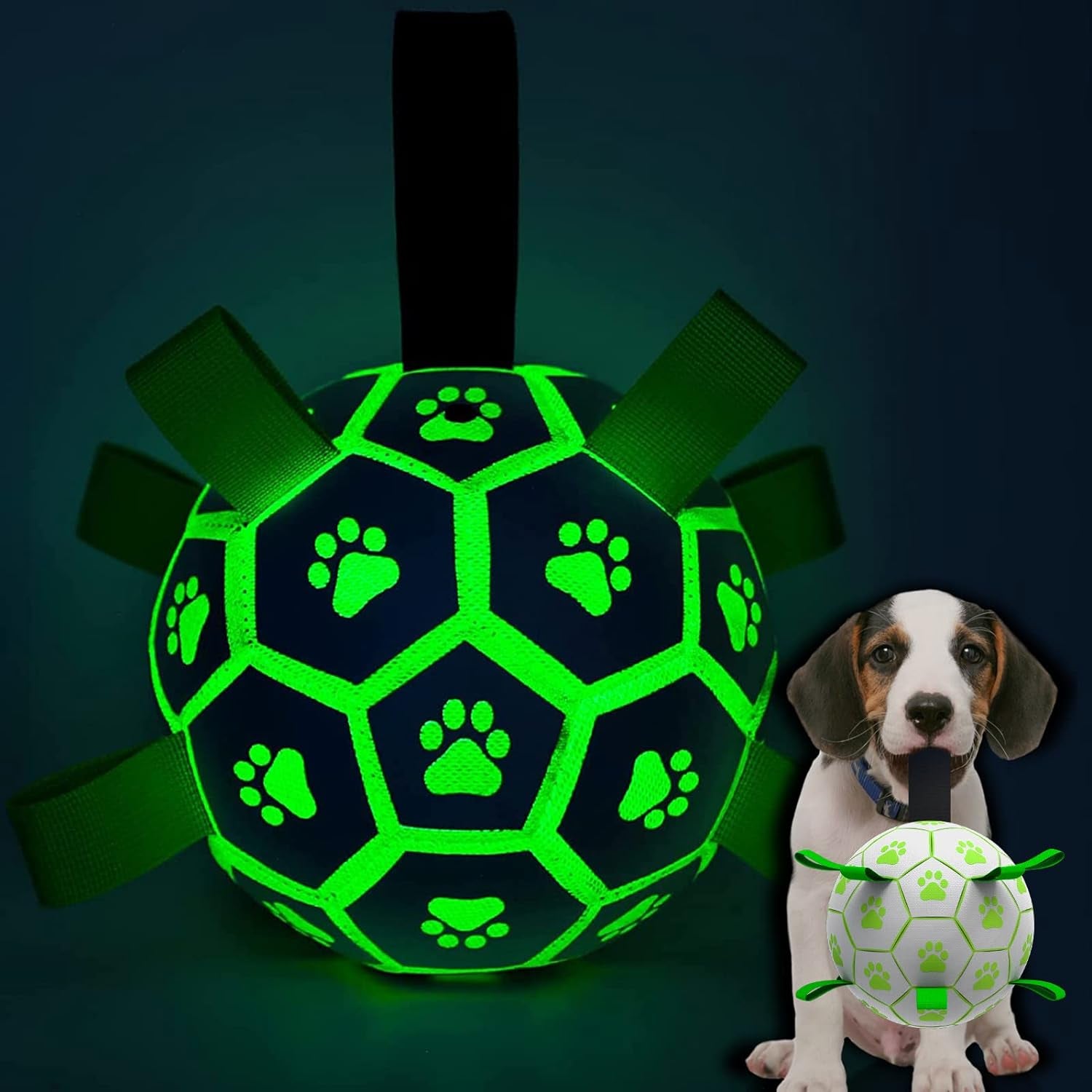 Glow in the Dark Dog Toys Soccer Ball with Straps, Outdoor Interactive Dog Toys Puppy Birthday Gifts, Dog Tug Water Toy, Light up Dog Balls for Small & Medium Dogs（6 Inch Size 2）