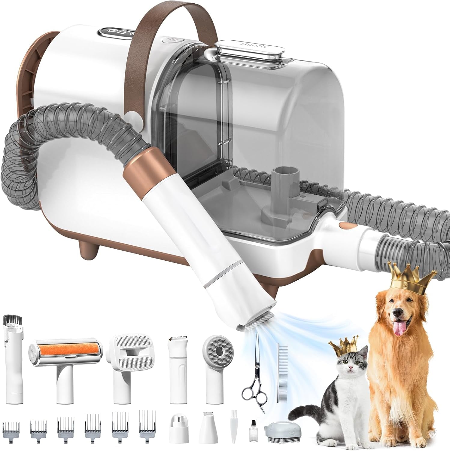 Bunfly Dog Grooming Kit,3L Large Capacity Dust Cup,13000Pa Strong Grooming & Vacuum Suction 99.99% Pet Hair, 15 Pet Grooming Tools for Dogs and Cats, Quiet Pet Vacuum Groomer, Brown