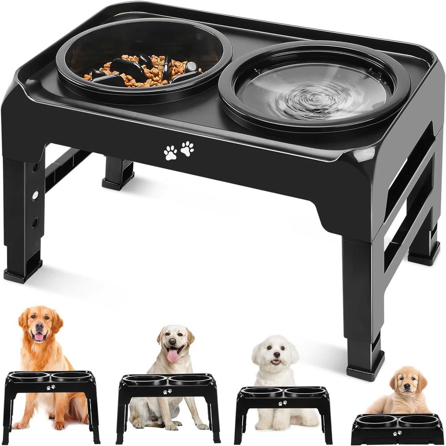 Elevated Dog Bowls, 2-in-1 Dog Feeder with Slow Feeder Dog Bowls & No Spill Dog Water Bowl, 4 Heights Adjustable Raised Dog Bowl Stand Non-Slip & Anti-Dust Dog Food Bowl for Medium Large Dogs, Black