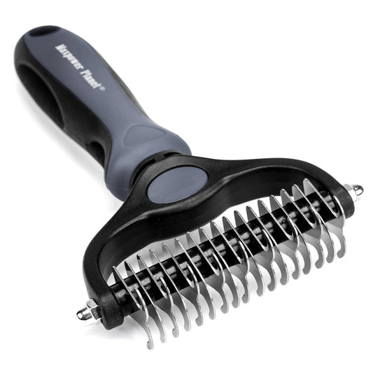 Maxpower Planet Pet Grooming Brush - Double Sided Shedding, Dematting Undercoat Rake for Dogs, Cats - Extra Wide Dog Grooming Brush, Dog Brush for Shedding, Cat Brush, Reduce Shedding by 95%, Grey