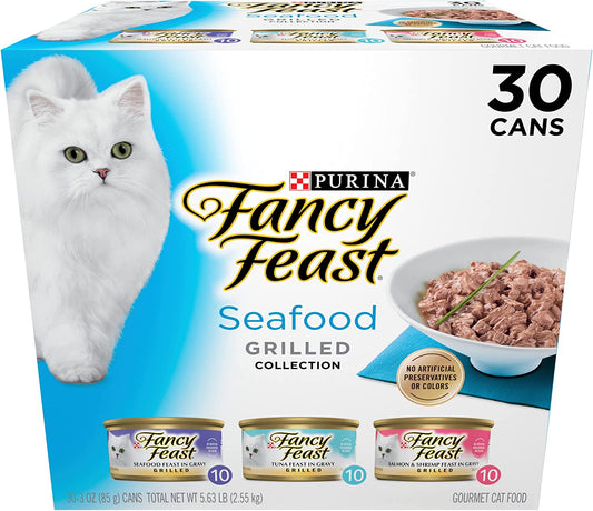 Purina Fancy Feast Grilled Wet Cat Food Seafood Collection in Wet Cat Food Variety Pack - 3 Ounce (Pack of 30)