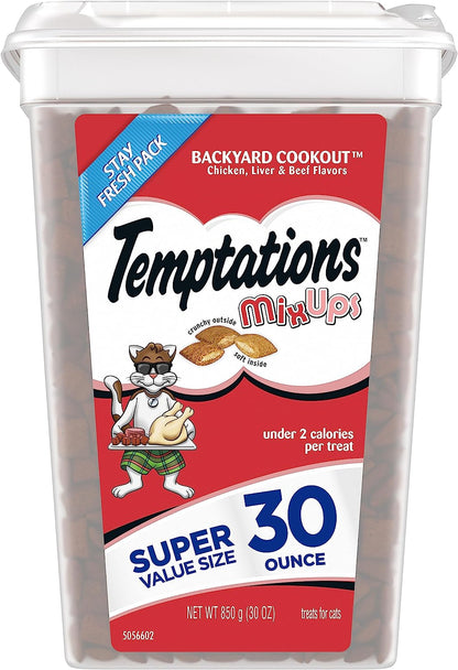 TEMPTATIONS MIXUPS Crunchy and Soft Cat Treats Backyard Cookout Flavor, 16 Oz. Tub