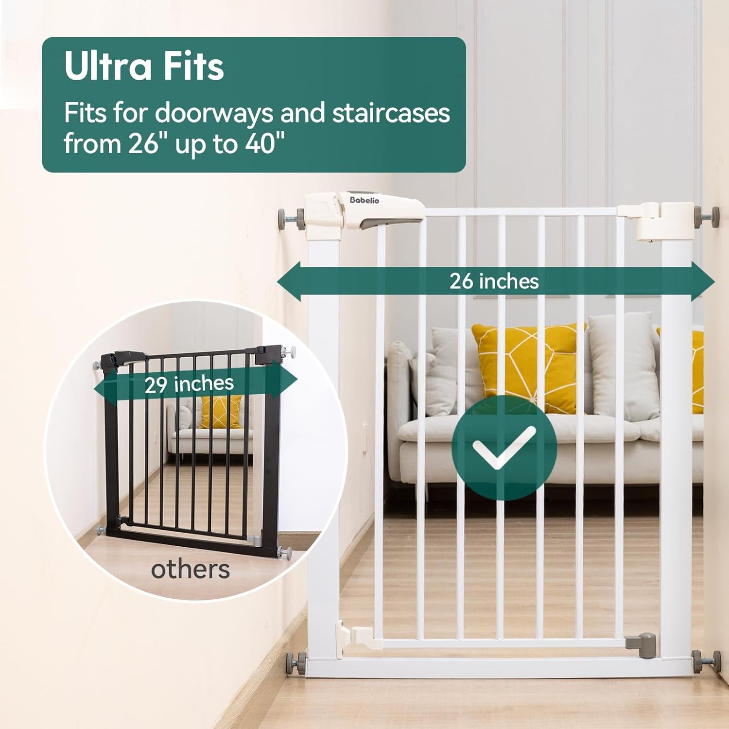 BABELIO Metal Baby Gate Dog Gate 29''-48'' Auto Close Extra Wide Pet Gate for Stairs & Doorways, Pressure Mounted Walk Thru Child Gate with Door, NO Need Tools NO Drilling, with Wall Cups