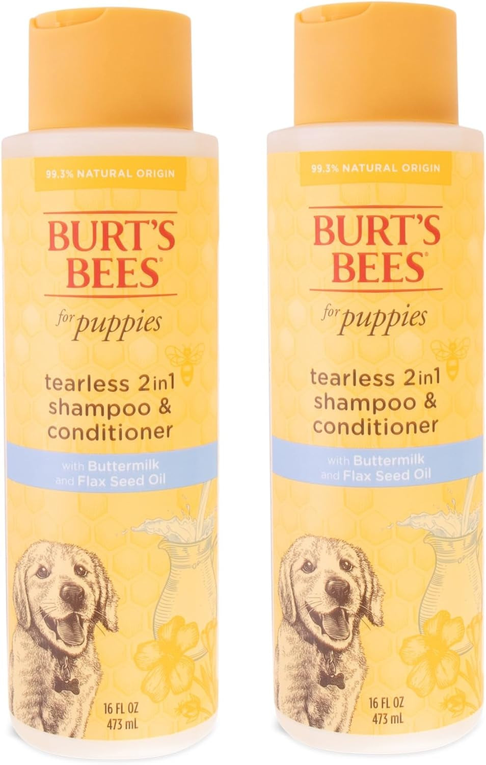 Burt'S Bees for Pets Natural Tearless 2 in 1 Dog Shampoo & Conditioner with Buttermilk and Flax Seed Oil - Gentle & Safe for Puppies - Ph Balanced for Puppies - Made in USA, 16 Oz - 2 Pack