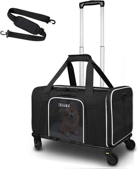 Pet Carrier with Wheels 18X11X10.5 Delta American United Airline Approved, Soft Cat Dog Carrier for 1-12 LBS Pets with Safety Lock Zipper(Black)