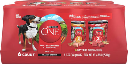 Purina ONE Classic Ground Chicken and Brown Rice, and Beef and Brown Rice Entrees Wet Dog Food Variety Pack - (Pack of 6) 13 Oz. Cans