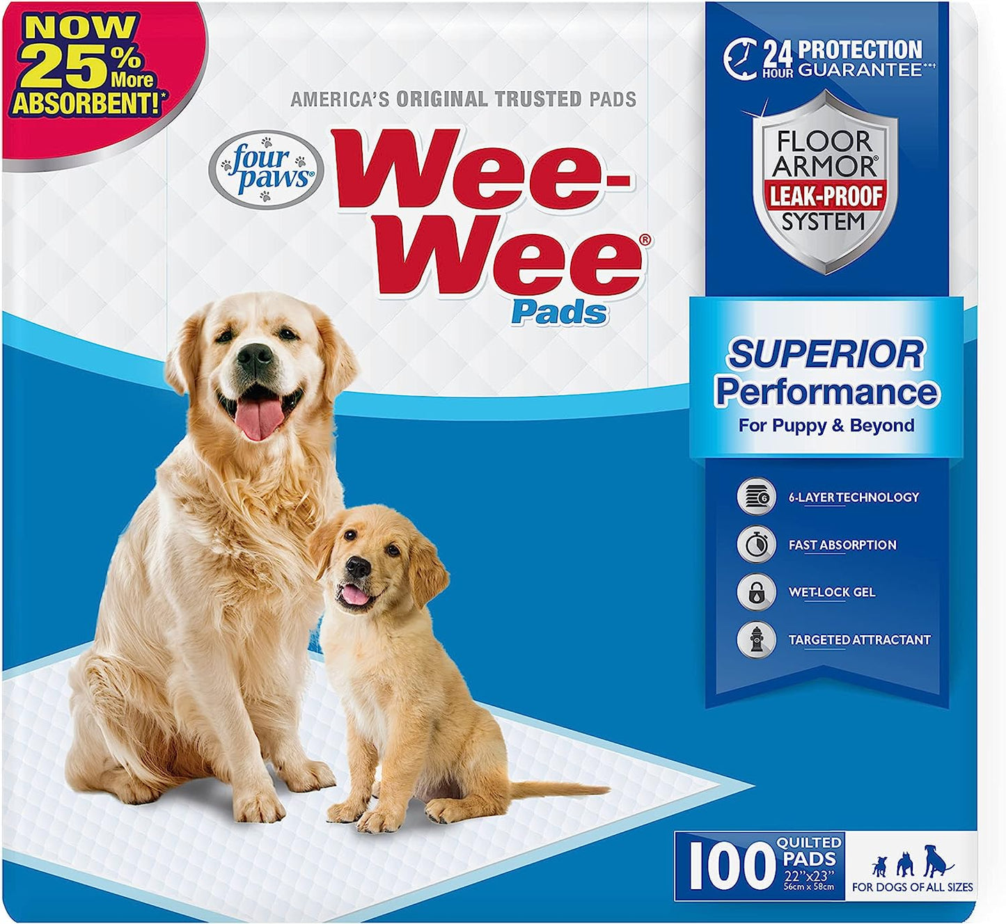 Four Paws Wee-Wee Superior Performance Pee Pads for Dogs - Dog & Puppy Pads for Potty Training - Dog Housebreaking & Puppy Supplies - 22" X 23" (100 Count),White