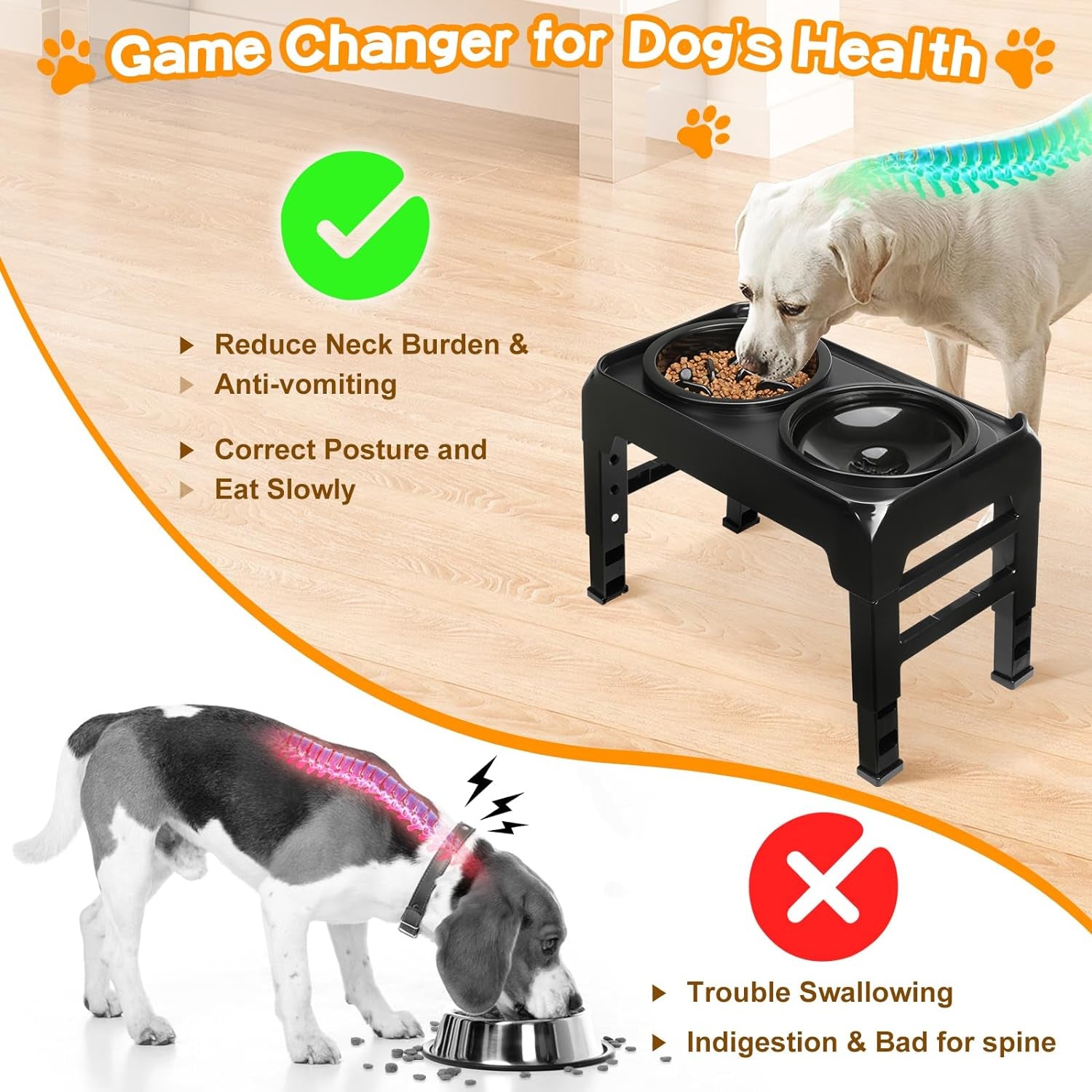 Elevated Dog Bowls, 2-in-1 Dog Feeder with Slow Feeder Dog Bowls & No Spill Dog Water Bowl, 4 Heights Adjustable Raised Dog Bowl Stand Non-Slip & Anti-Dust Dog Food Bowl for Medium Large Dogs, Black